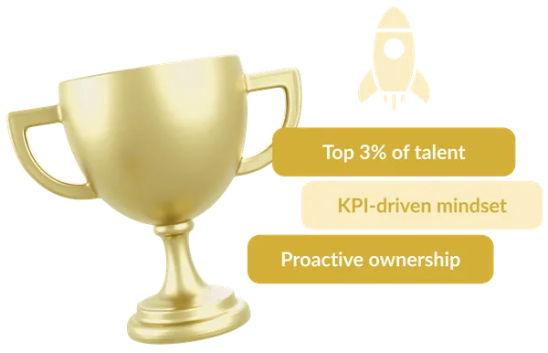 Golden trophy with a rocket icon and the labels “Top 3% of talent”, “KPI-driven mindset” and “Proactive ownership”